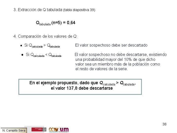 3. Extracción de Q tabulada (tabla diapositiva 39) Qtabulada (n=5) = 0, 64 4.