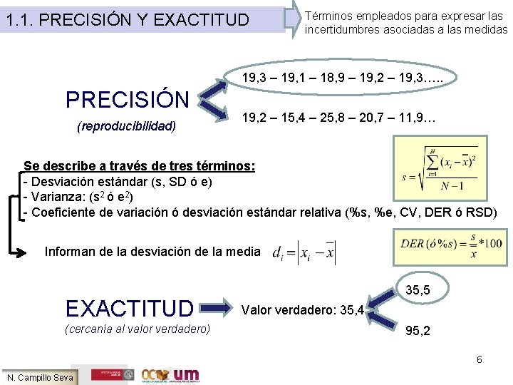 1. 1. PRECISIÓN Y EXACTITUD Términos empleados para expresar las incertidumbres asociadas a las