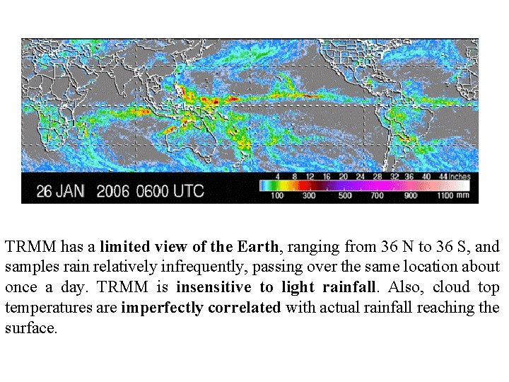 TRMM has a limited view of the Earth, ranging from 36 N to 36