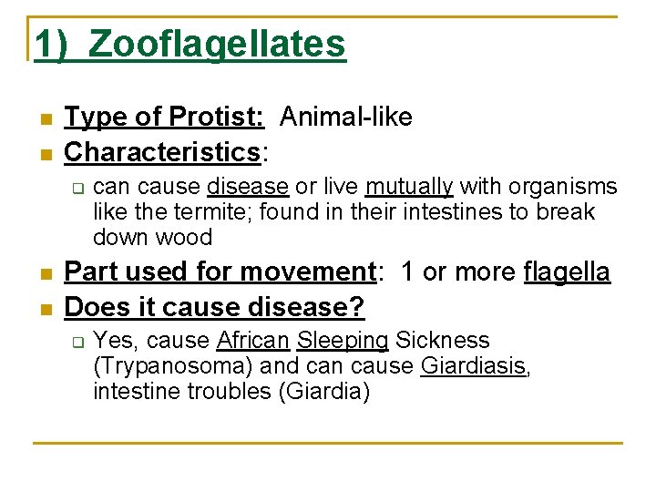 1) Zooflagellates n n Type of Protist: Animal-like Characteristics: q n n cause disease