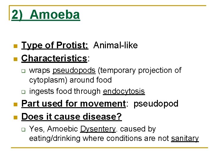 2) Amoeba n n Type of Protist: Animal-like Characteristics: q q n n wraps