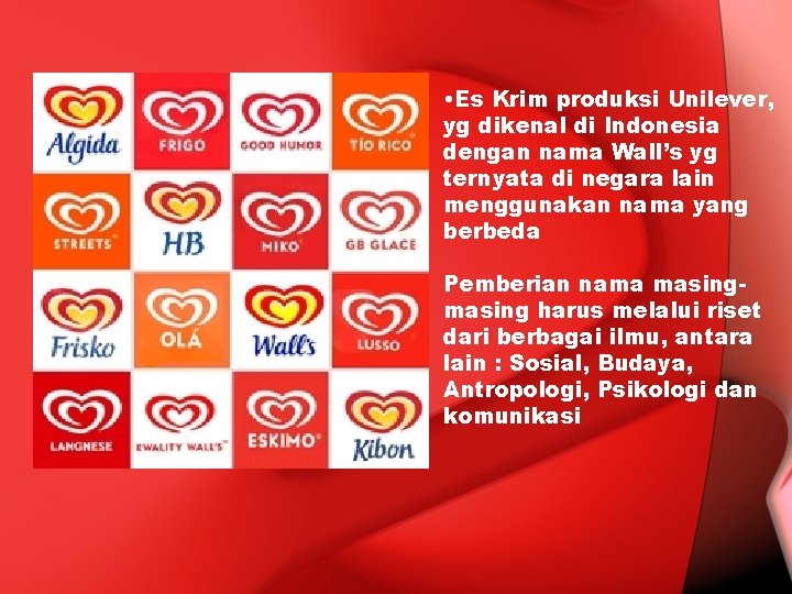  • Es Krim produksi Unilever, yg dikenal di Indonesia dengan nama Wall’s yg