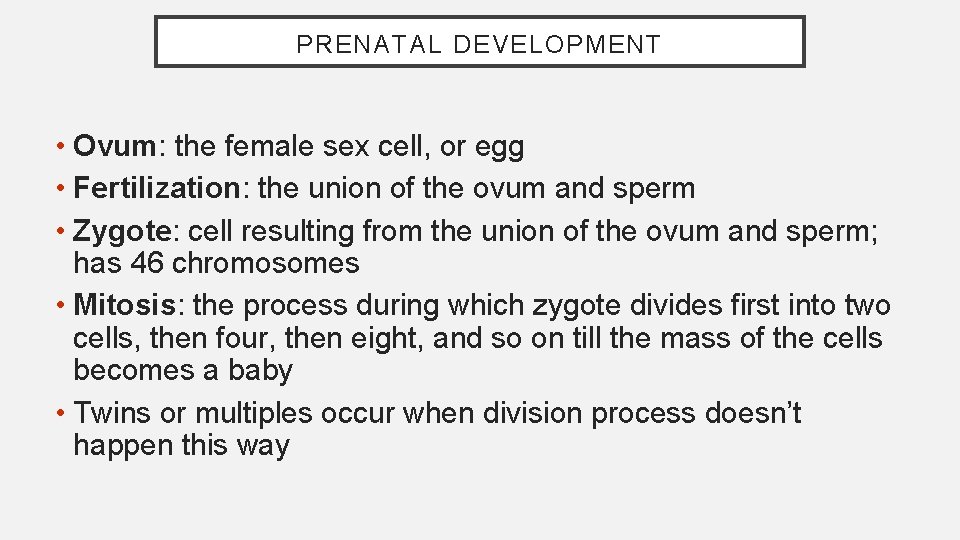 PRENATAL DEVELOPMENT • Ovum: the female sex cell, or egg • Fertilization: the union