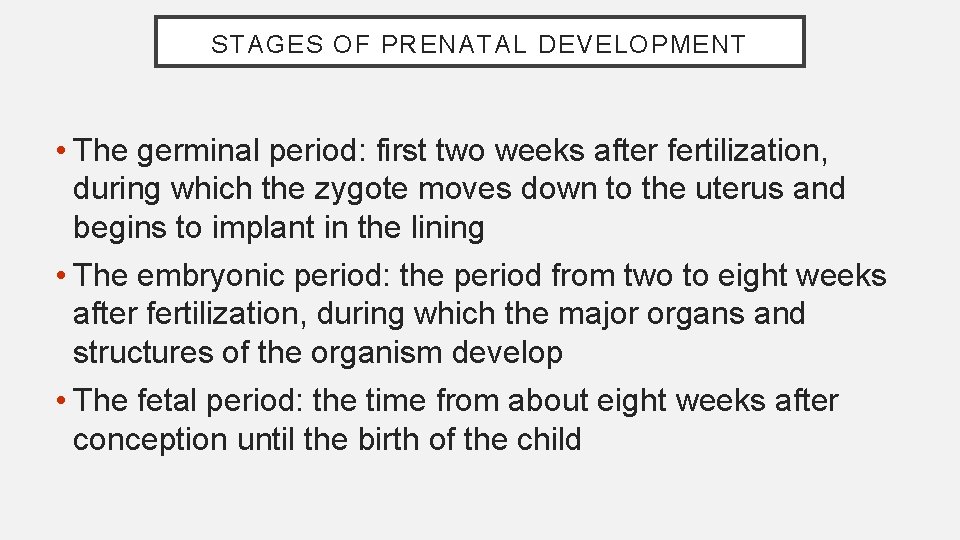 STAGES OF PRENATAL DEVELOPMENT • The germinal period: first two weeks after fertilization, during