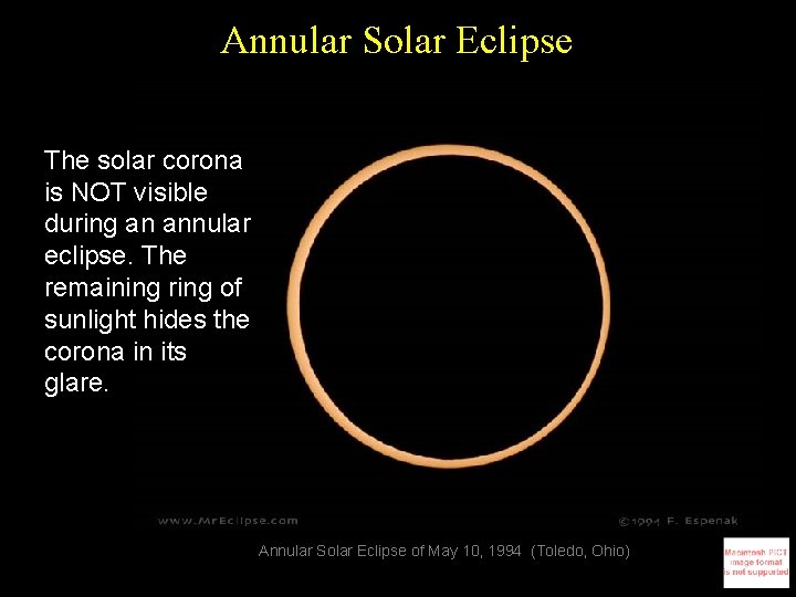 Annular Solar Eclipse The solar corona is NOT visible during an annular eclipse. The