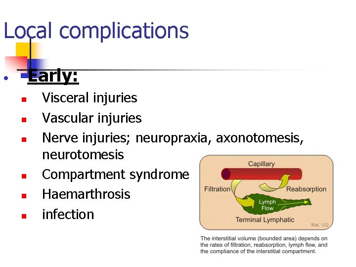 Local complications Early: • n n n Visceral injuries Vascular injuries Nerve injuries; neuropraxia,
