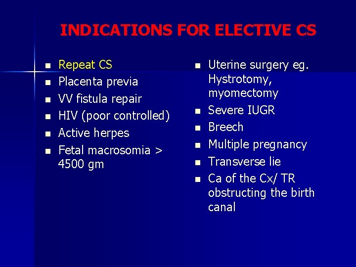 INDICATIONS FOR ELECTIVE CS n n n Repeat CS Placenta previa VV fistula repair