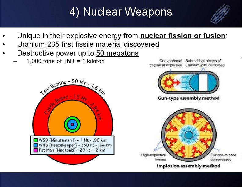 4) Nuclear Weapons • • • Unique in their explosive energy from nuclear fission