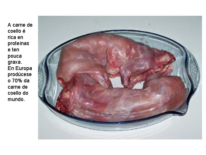 A carne de coello é rica en proteínas e ten pouca graxa. En Europa