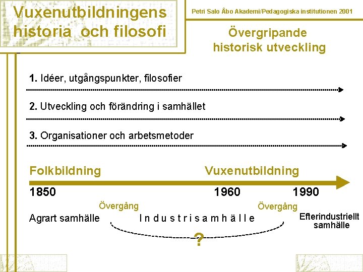 Vuxenutbildningens historia och filosofi Petri Salo Åbo Akademi/Pedagogiska institutionen 2001 Övergripande historisk utveckling 1.