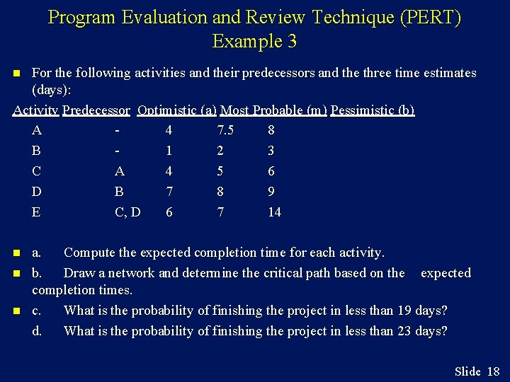 Program Evaluation and Review Technique (PERT) Example 3 For the following activities and their