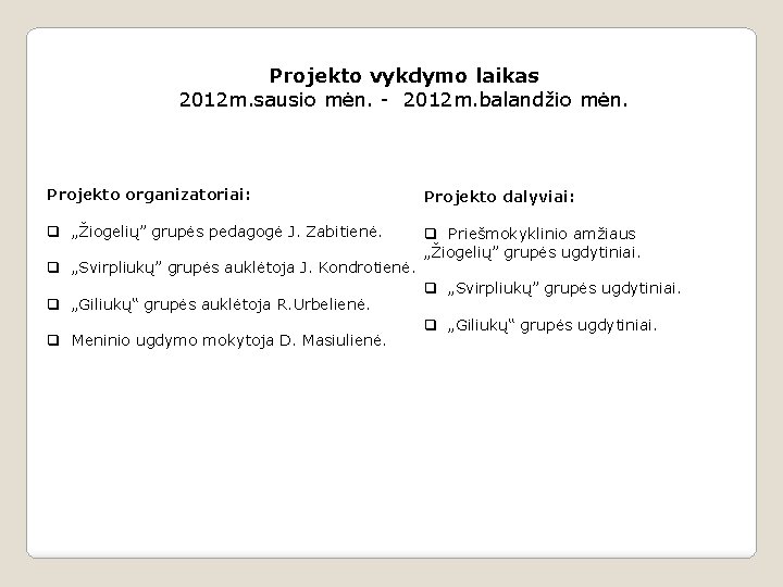 Projekto vykdymo laikas 2012 m. sausio mėn. - 2012 m. balandžio mėn. Projekto organizatoriai: