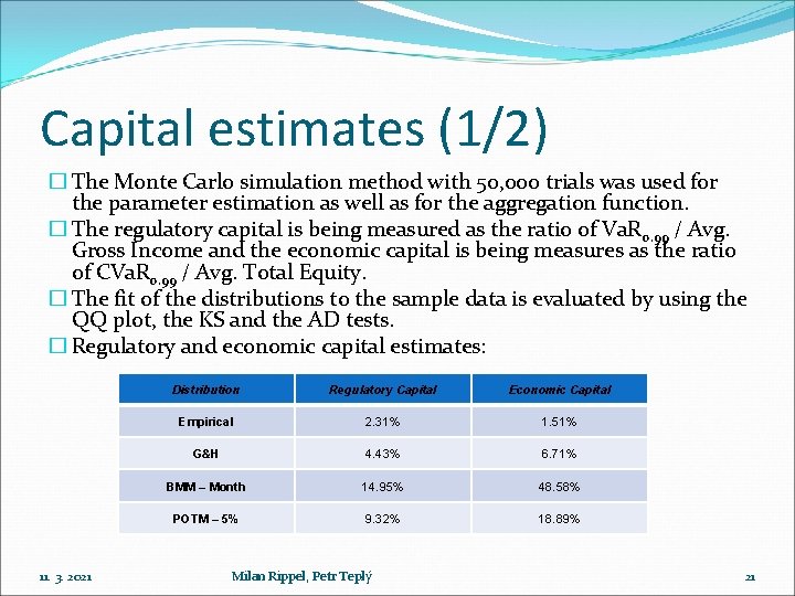 Capital estimates (1/2) � The Monte Carlo simulation method with 50, 000 trials was