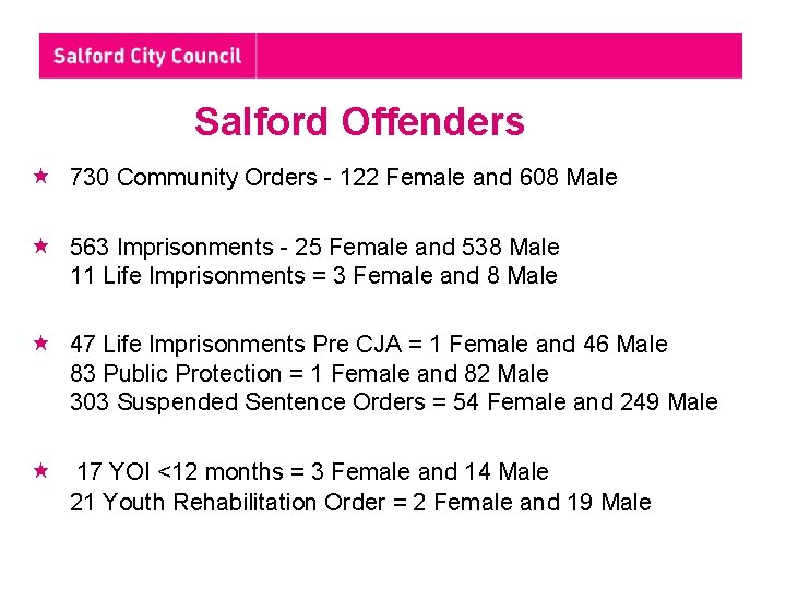 Salford Offenders 730 Community Orders - 122 Female and 608 Male 563 Imprisonments -