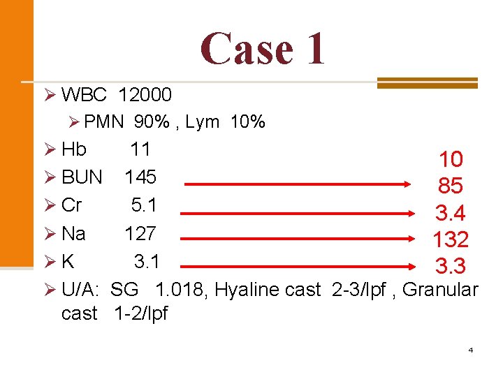 Case 1 Ø WBC 12000 Ø PMN 90% , Lym 10% Ø Hb 11