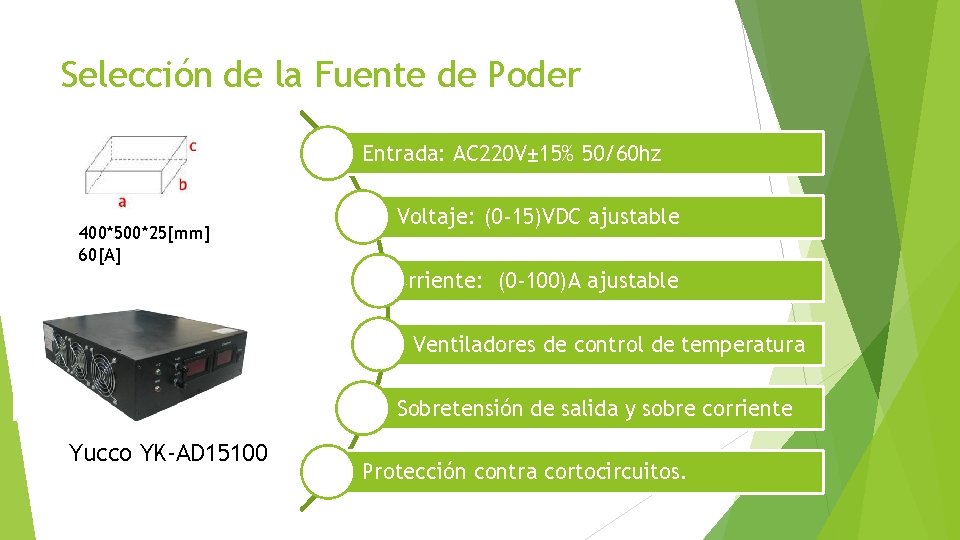 Selección de la Fuente de Poder Entrada: AC 220 V± 15% 50/60 hz 400*500*25[mm]