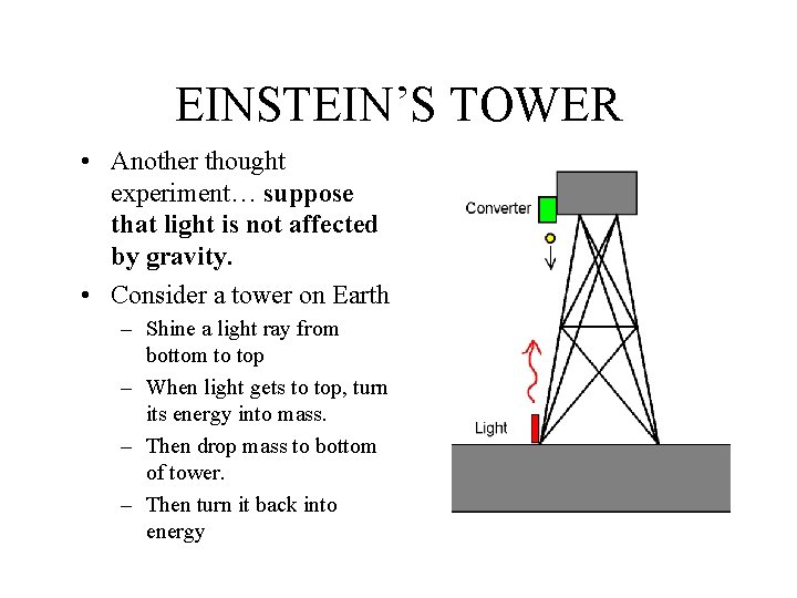 EINSTEIN’S TOWER • Another thought experiment… suppose that light is not affected by gravity.