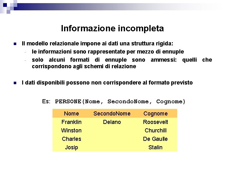 Informazione incompleta n ll modello relazionale impone ai dati una struttura rigida: - le Informazione incompleta n ll modello relazionale impone ai dati una struttura rigida: - le