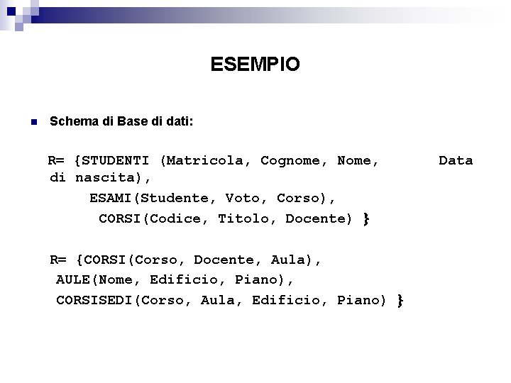 ESEMPIO n Schema di Base di dati: R= {STUDENTI (Matricola, Cognome, Nome, di nascita),