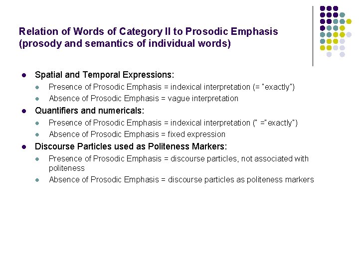 Relation of Words of Category II to Prosodic Emphasis (prosody and semantics of individual