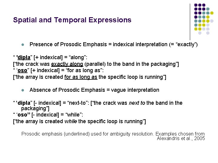 Spatial and Temporal Expressions l Presence of Prosodic Emphasis = indexical interpretation (= “exactly”)