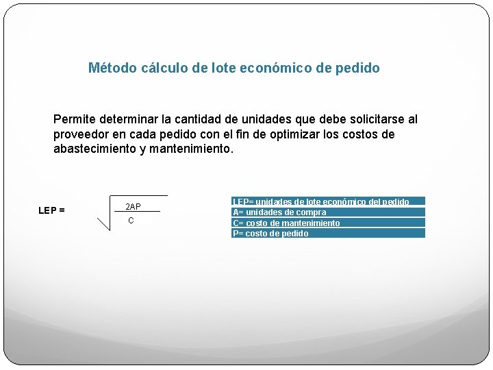 Método cálculo de lote económico de pedido Permite determinar la cantidad de unidades que