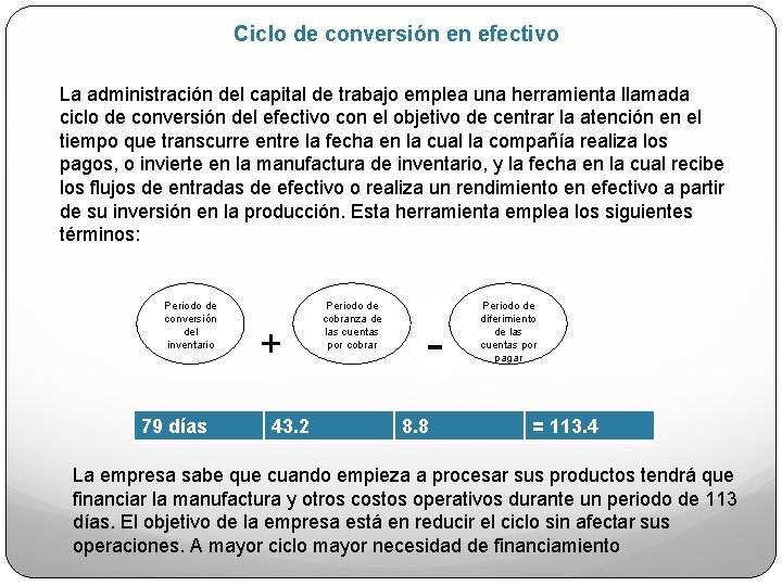 Ciclo de conversión en efectivo La administración del capital de trabajo emplea una herramienta