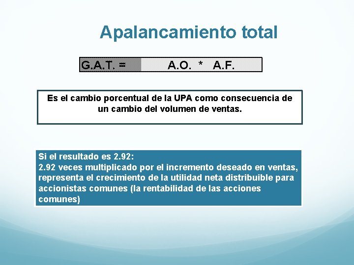 Apalancamiento total G. A. T. = A. O. * A. F. Es el cambio