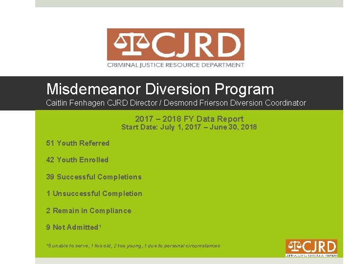 Misdemeanor Diversion Program Caitlin Fenhagen CJRD Director Desmond