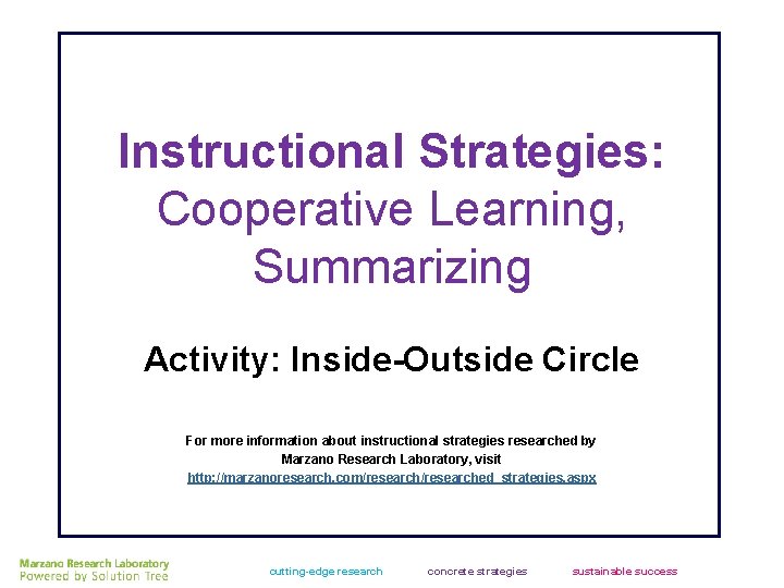 Instructional Strategies: Cooperative Learning, Summarizing Activity: Inside-Outside Circle For more information about instructional strategies