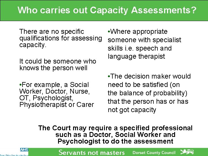 Who carries out Capacity Assessments? There are no specific • Where appropriate qualifications for Who carries out Capacity Assessments? There are no specific • Where appropriate qualifications for