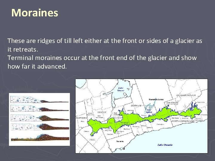 Moraines These are ridges of till left either at the front or sides of