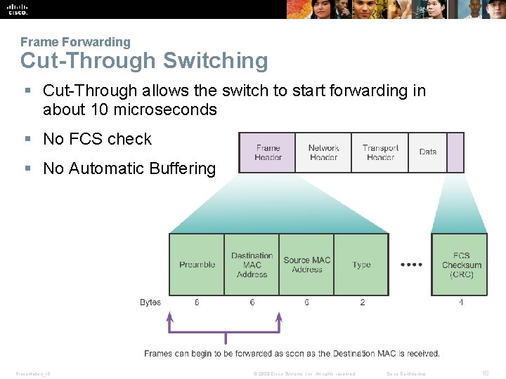 Frame Forwarding Cut-Through Switching § Cut-Through allows the switch to start forwarding in about