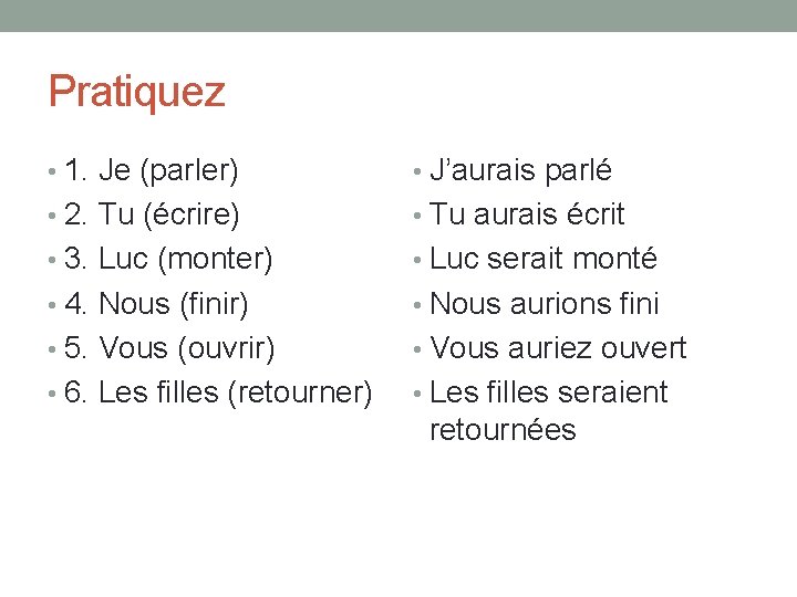 Pratiquez • 1. Je (parler) • J’aurais parlé • 2. Tu (écrire) • Tu