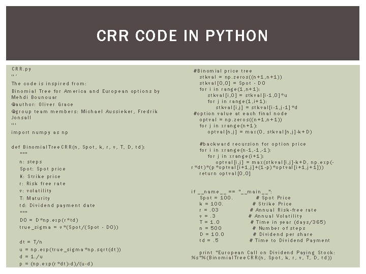 CRR CODE IN PYTHON CRR. py ''‘ The code is inspired from: Binomial Tree CRR CODE IN PYTHON CRR. py ''‘ The code is inspired from: Binomial Tree
