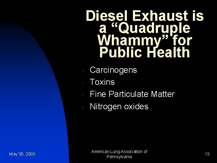 Diesel Exhaust is a “Quadruple Whammy” for Public Health • • May 30, 2003