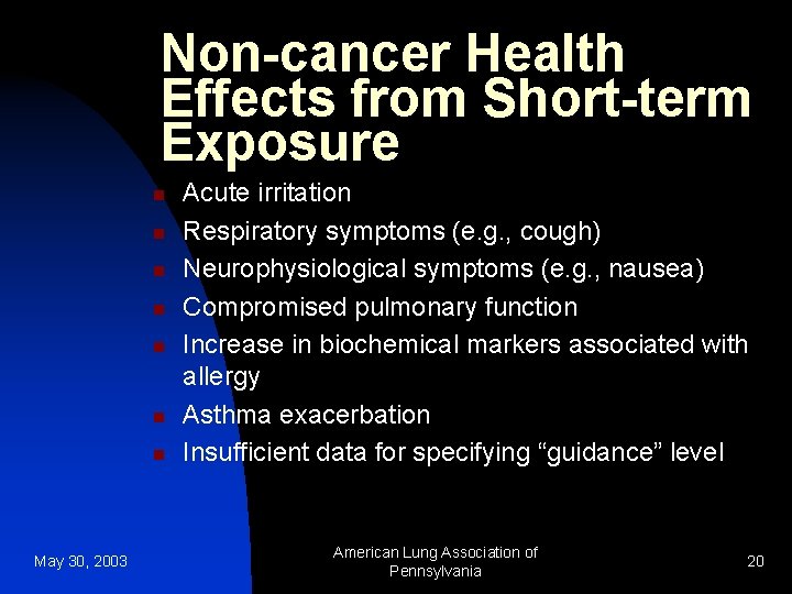 Non-cancer Health Effects from Short-term Exposure n n n n May 30, 2003 Acute