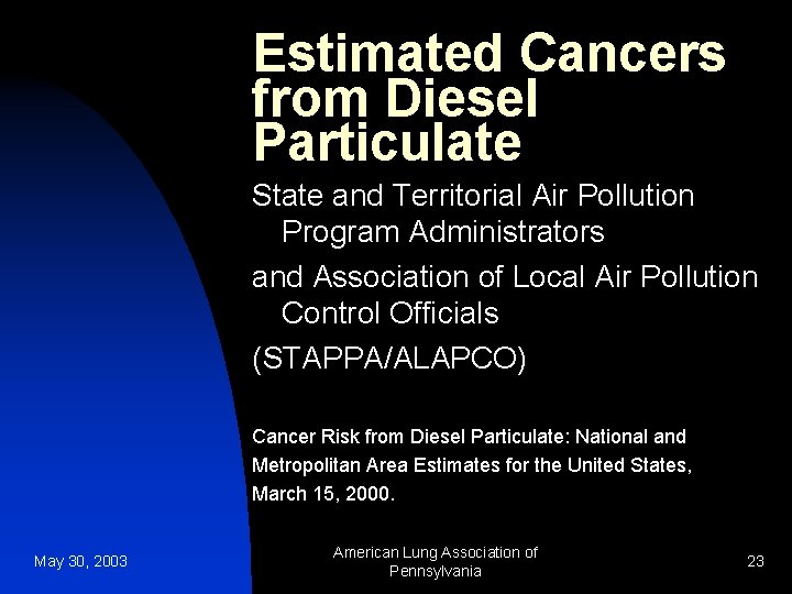 Estimated Cancers from Diesel Particulate State and Territorial Air Pollution Program Administrators and Association