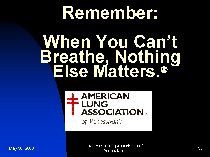 Remember: When You Can’t Breathe, Nothing Else Matters. May 30, 2003 American Lung Association