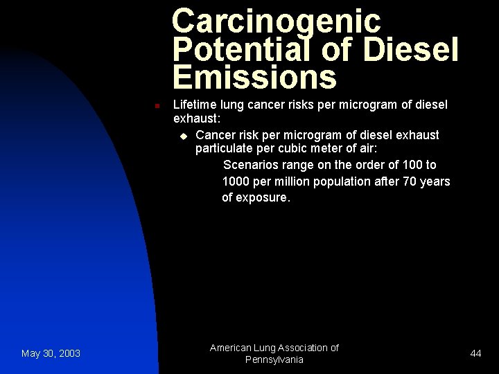 Carcinogenic Potential of Diesel Emissions n May 30, 2003 Lifetime lung cancer risks per