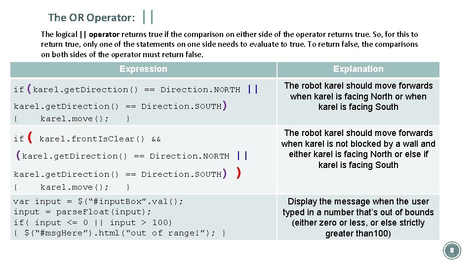 The OR Operator: || The logical || operator returns true if the comparison on