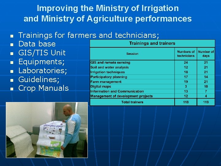 Improving the Ministry of Irrigation and Ministry of Agriculture performances n n n n