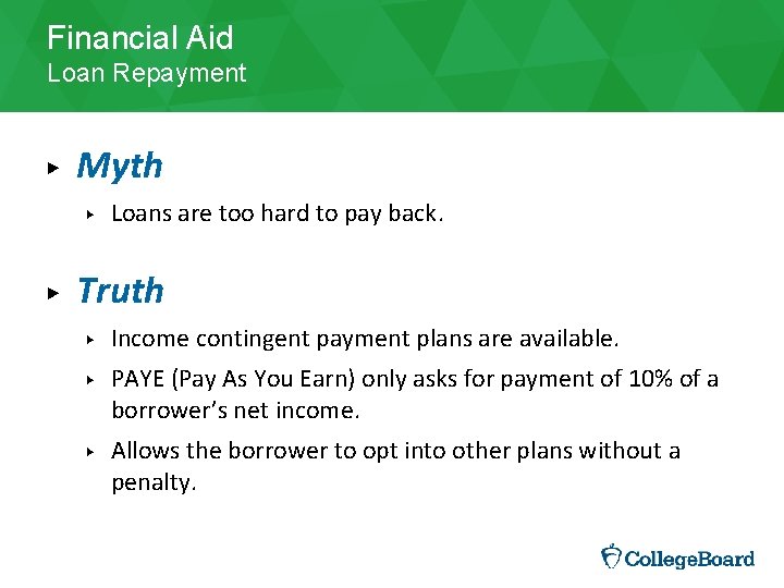 Financial Aid Loan Repayment ▶ Myth ▶ ▶ Loans are too hard to pay