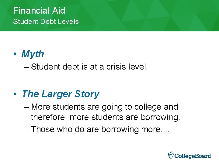 Financial Aid Student Debt Levels • Myth – Student debt is at a crisis