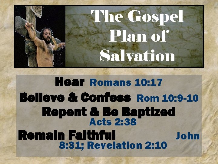 The Gospel Plan of Salvation Hear Romans 10: 17 Believe & Confess Rom 10: