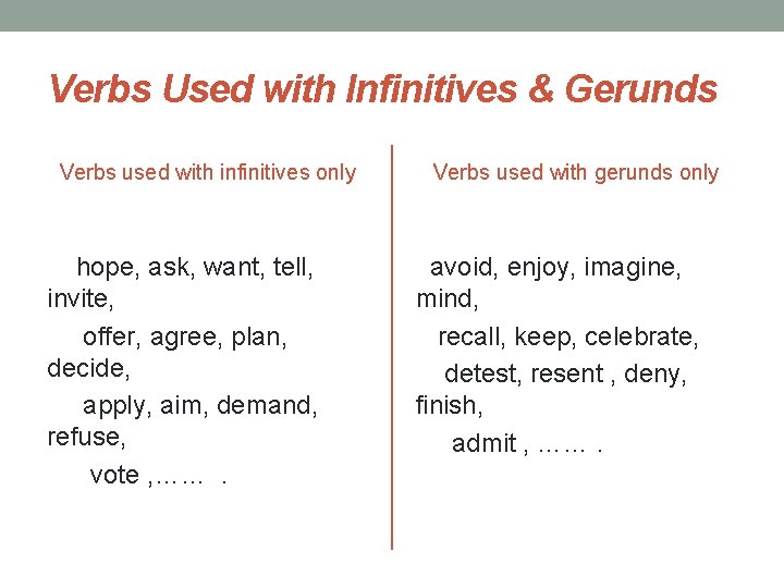 Verbs Used with Infinitives & Gerunds Verbs used with infinitives only hope, ask, want,