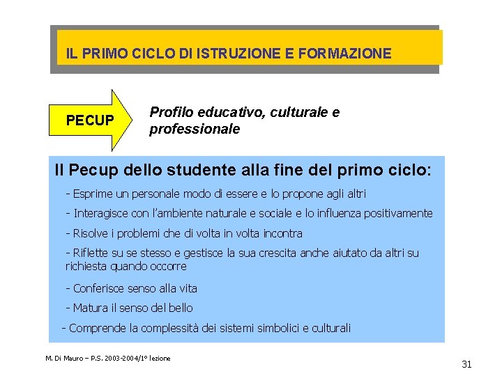 IL PRIMO CICLO DI ISTRUZIONE E FORMAZIONE PECUP Profilo educativo, culturale e professionale Il