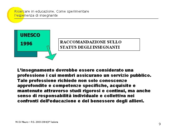 Ricercare in educazione. Come sperimentare l’esperienza di insegnante UNESCO 1996 RACCOMANDAZIONE SULLO STATUS DEGLI