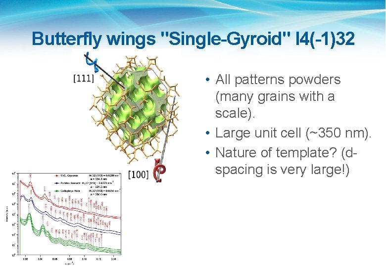 Butterfly wings "Single-Gyroid" I 4(-1)32 • All patterns powders (many grains with a scale).