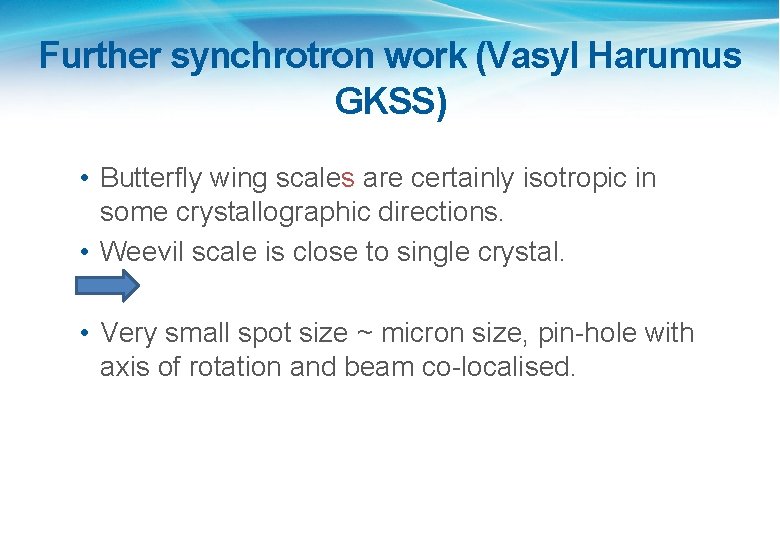 Further synchrotron work (Vasyl Harumus GKSS) • Butterfly wing scales are certainly isotropic in